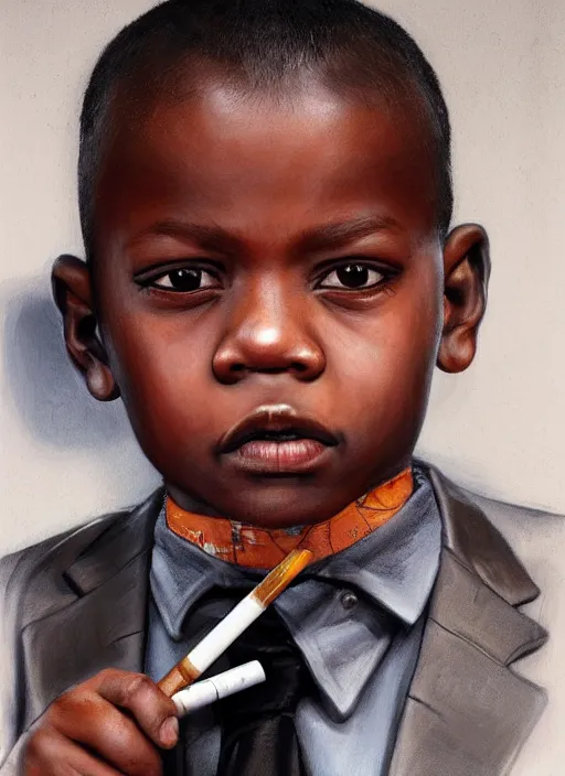 Image similar to portrait of a 7 year old child gang leader, dark gritty, wearing a suit, smoking, very detailed eyes, hyperrealistic, very detailed painting by Glenn Fabry, by Joao Ruas, by Artgerm