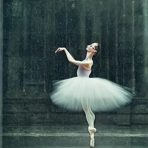 Prompt: portrait of a ballerina with a beautiful porcelain face, rain, cinematic light and reflections, beautiful dreamy lighting, photographed by annie leibovitz,
