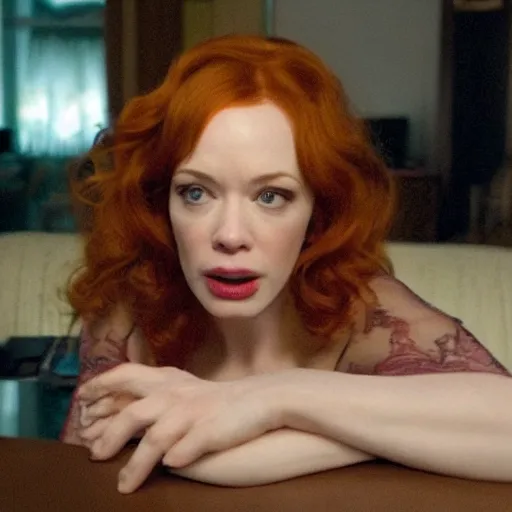 Image similar to amazing beautiful Christina Hendricks with mouth wide open in the living room, film still from the movie directed by Denis Villeneuve , wide lens