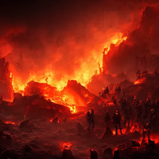 Image similar to A firey, hellish world with black ivory skeletons, dynamic lighting, cinematic, ultra detailed, creative, stunning visuals, hyperrealism, trending on art station