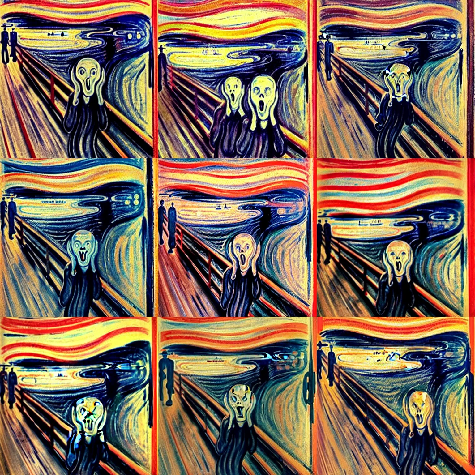 Prompt: scream is the popular name given to a composition created by norwegian artist edvard munch panicking figures running around