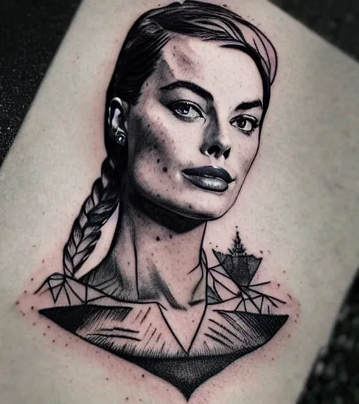 Image similar to tattoo design sketch of margot robbie and beautiful mountain scenery mash up, in the style of matyas halasz, surrealist, amazing detail, sharp