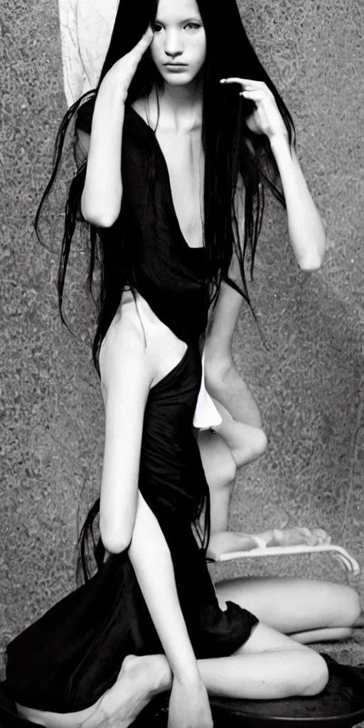 Image similar to photo of lonely young girl エウリン with straight long black hair wearing black dress that sitting on bathroom floor, photo made by mario testino and vanessa beecroft, model エリサヘス ・ セイモア from acquamodels. com, render by artgem and alphonse mucha for capcom co, resident evil