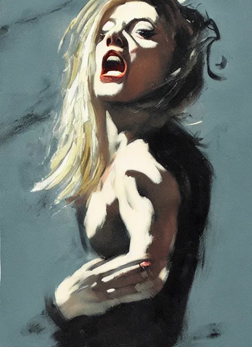 Image similar to laura palmer screaming,'white eyes '!!!, painting by phil hale, fransico goya,'action lines '!!!, graphic style, visible brushstrokes, motion blur, blurry, visible paint texture, crisp hd image