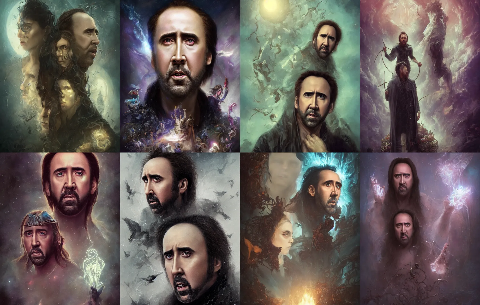 Prompt: Nicolas Cage holy portrait by tom bagshaw. legendary fairytale, mythical actor. intricate filmstage artwork by Tooth Wu and wlop and beeple and dan mumford. octane render, trending on artstation, greg rutkowski, very coherent behind-the-scenes detailing. Studio lighting rigs, lens flare, cameras orbiting. cinematic, hyper realism, high detail, octane render, 8k, depth of field, bokeh