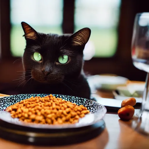 Image similar to A photo of a cat wearing a suit sitting in a fancy and expensive gourmet restaurant and eating a plate of cat food. f/2.8, dim lighting, award winning photo