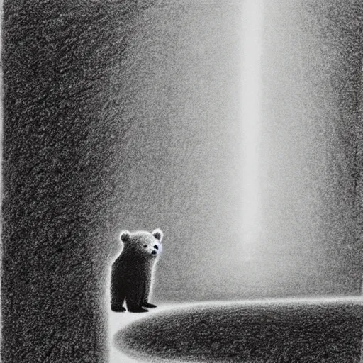 Image similar to charcoal drawing of a small bear in front of a hedge maze, the bear is white, illustrated by chris van allsburg, illustration, masterful, volumetric light, subdued, greyscale