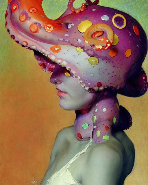 Image similar to a beautiful girl wearing a colourful octopus as a hat, painted by edgar maxence, edward hopper, wayne barlowe and james gilleard, airbrush, art by jamesjean