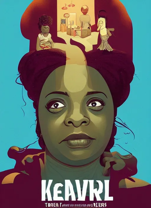 Image similar to poster artwork by Michael Whelan and Tomer Hanuka, Karol Bak of Octavia Spencer has a voice in her head, reality is a labyrinth, psychological thriller from scene from Twin Peaks, clean, simple illustration, nostalgic, domestic, full of details