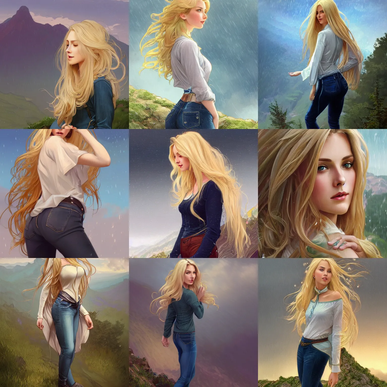 Image similar to a gorgeous woman with long light-blonde hair wearing a blouse and jeans, standing in the rain on top of a mountain, highly detailed, digital painting, artstation, concept art, sharp focus, illustration, art by artgerm and alphonse mucha