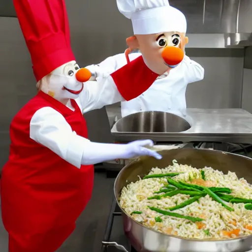 Prompt: an anthropomorphic shrimp dressed as a chef that is frying rice