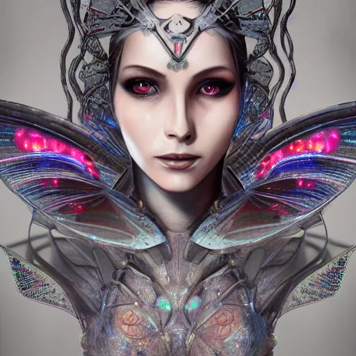 Prompt: realistic illustration of a beautiful mechanical faerie queen with glowing eyes, moth wings with geometric patterns, reflective detailed textures, highly detailed dark fantasy science fiction painting, silver and cool colors, artstation