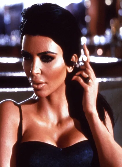 Prompt: film still of kim kardashian as tony montana in the movie scarface, 4k