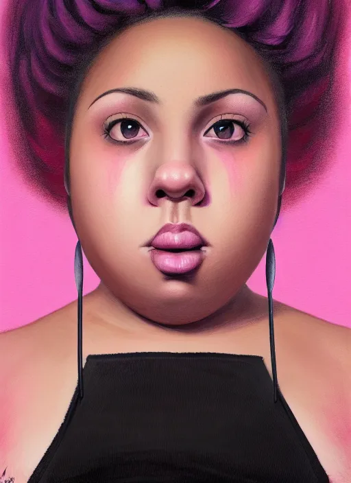 Image similar to full body portrait, teenage vanessa morgan, pink hair, obese, curly pixie hair, sultry, realistic, short hair, hoop earrings, skirt, shirt, fat, belly, black girl, intricate, elegant, highly detailed, digital painting, artstation, concept art, smooth, sharp focus, illustration, art by wlop, mars ravelo and greg rutkowski