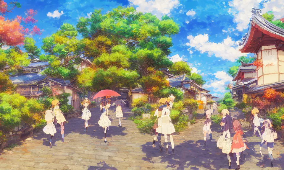 Image similar to impressionist painting of happiness and friendship, rural landscape, kyoto animation, wide shot, dynamic lighting, vivid colors, high detail, award winning