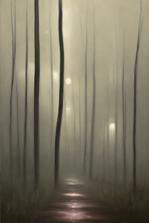 Image similar to dark and spooky painting of a forest dimly lit at night with tiny purple morning glory flowers trailing at the base of trees. foggy cinematic volumetric darkness, muted colour palette, detailed oil painting on canvas