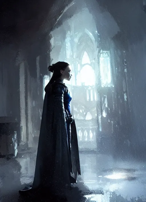 Prompt: emilia clarke as mage wearing arcane light armor and a cape, fantasy, cinematic lighting, by jeremy mann