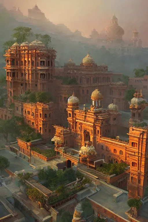 Image similar to old indian city with a breathtaking view of a magnificent maharajah palace at pink dawn, intricate, elegant, volumetric lighting, digital painting, highly detailed, artstation, sharp focus, illustration, concept art, ruan jia, steve mccurry