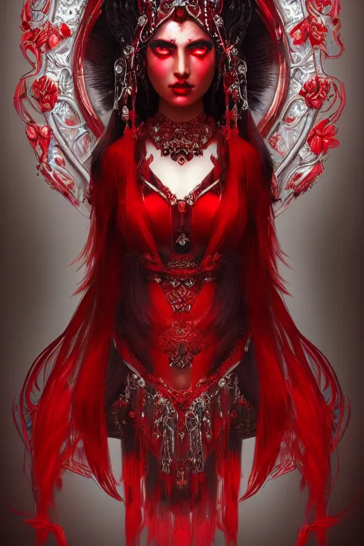 Image similar to portrait of the blood goddess, enigmatic beauty, dominant shades of crimson and red and black, oriental silver ornaments, artstation