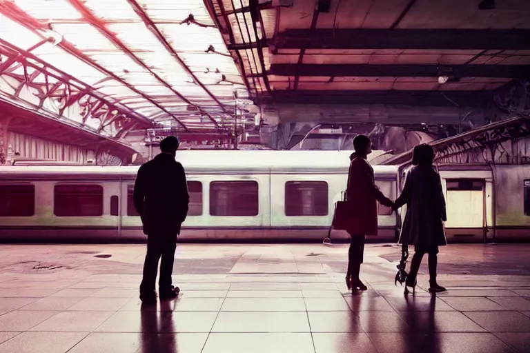 Image similar to vfx movie couple in a train station flat color profile low - key lighting cinematography atmospheric