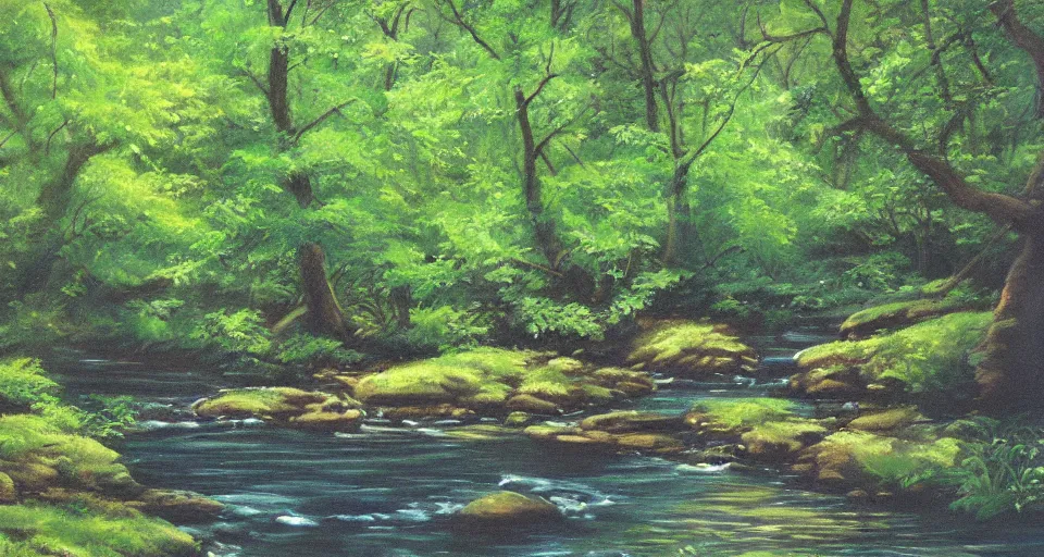 Image similar to a breathtaking painting of a stream in a forest by Bob ross
