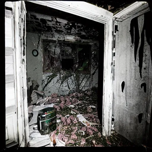 Image similar to 1 9 9 3, disposable camera, flash, old abandoned house, creature standing, meat, ooze, slime, veins, wet