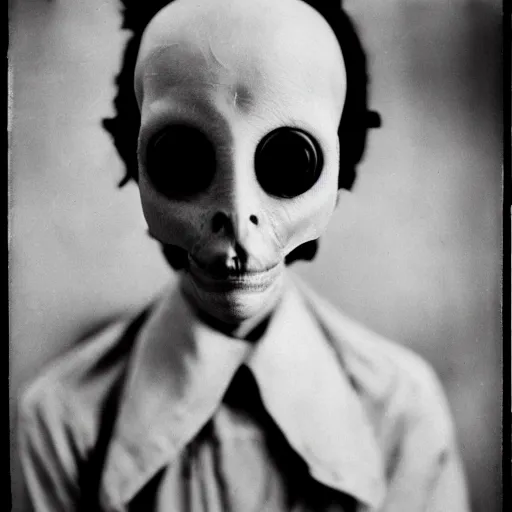 Prompt: portrait of alien beings from the 1920s, 85mm, by Diane Arbus, black and white, bokeh