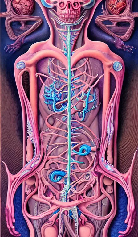 Image similar to a biomorphic painting of the high priestess tarot card, a anatomical medical illustration by nychos and alex grey, cgsociety, neo - figurative, pastel blues and pinks, detailed painting, rococo, oil on canvas, lovecraftian