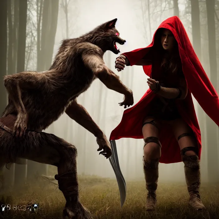 Prompt: photograph of a real-life beautiful reed riding hood warrior confronting a werewolf. 8k