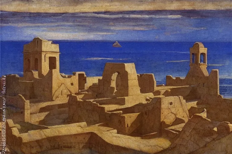 Image similar to ancient city by the sea by Annie Swynnerton and Nicholas Roerich, strong dramatic cinematic lighting , ornate architecture, lost civilizations, smooth, sharp focus, extremely detailed