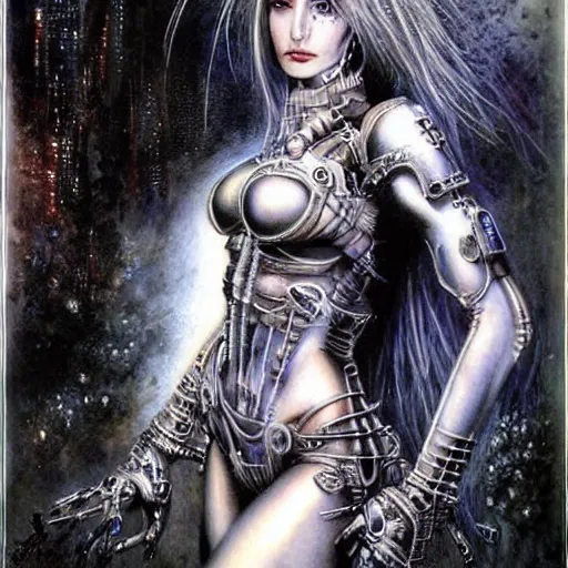 Image similar to cyborg princess, painting by Luis Royo