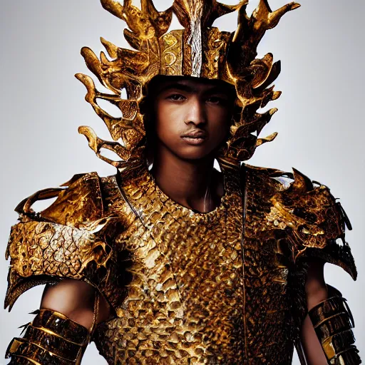 Prompt: a portrait of a beautiful young male wearing an alexander mcqueen armor made of caramel, photographed by andrew thomas huang, artistic