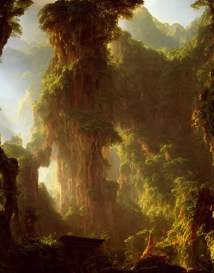 Image similar to an ancient temple lost in a gigantic forest by thomas cole, painting, cinematography, epic lighting,