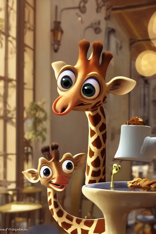 Image similar to a giraffe with big eyes looking for a cup of coffee in beautiful morning café in Paris. Pixar Disney 4K 3d render funny animation movie Oscar winning trending on ArtStation and Behance. Ratatouille style.