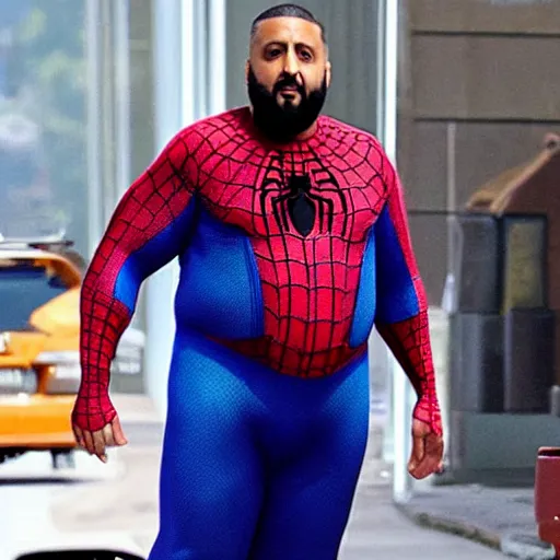 Image similar to DJ Khaled as morbidly obese Spiderman, MCU set photo, live-action adaptation, photograph