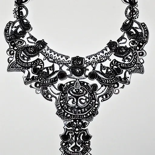 Prompt: black and white sketch opulent necklace feminine opulent detailed ornate tribal neckline illustration on paper