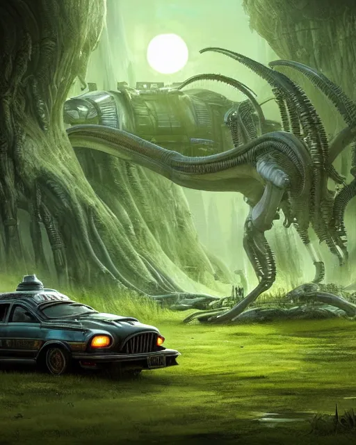 Image similar to xenomorph taxi car in a fantasy village, calming, uplifting mood, ultra realistic, farm, small buildings, alien car, highly detailed, atmosphere, masterpiece, epic lighting, elves, green plants, magic, illuminated, 4 k, cinematic, morning sun, art by eddie mendoza, sylvain sarrailh