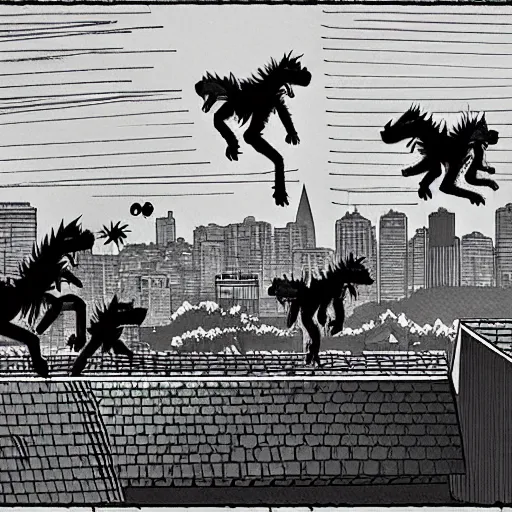 Image similar to A pack of Garou werewolves chase a giant spider across the rooftops of Burnaby. by Ron Spencer.