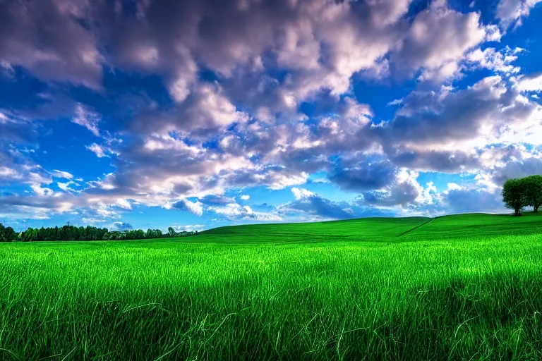 Prompt: windows bliss wallpaper, green field, blue partly cloudy sky, hdr, 4 k, highly detailed, professional photography, by marc adamus