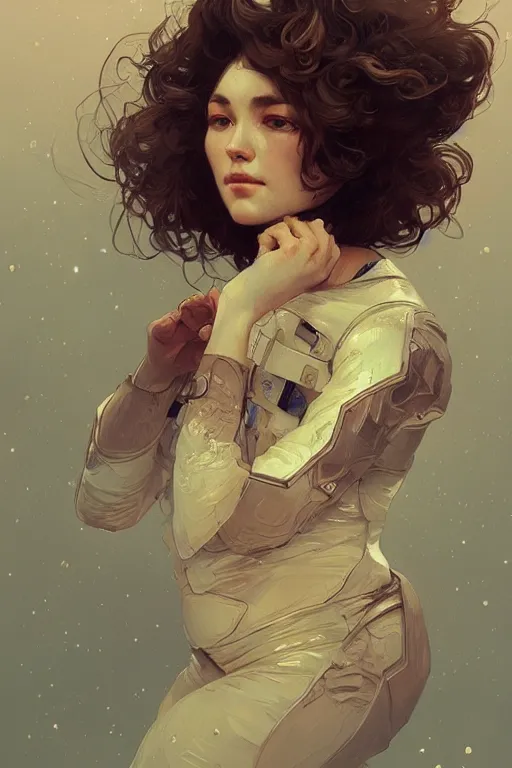 Image similar to A full portrait of a cosmonaut, intricate, elegant, highly detailed, digital painting, artstation, concept art, smooth, sharp focus, illustration, art by Krenz Cushart and Artem Demura and alphonse mucha