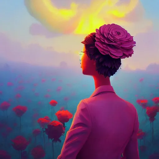 Image similar to closeup, giant rose flower head, frontal, a girl in a suit, surreal photography, sunrise, dramatic light, impressionist painting, digital painting, artstation, simon stalenhag