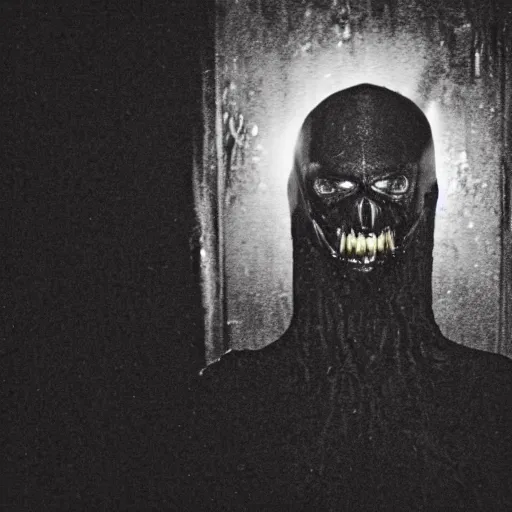 Prompt: a flash photo of creepy wendigo with an unnatural smile standing in a vantablack hallway from a horror movie, it is deformed and is staring at the camera from the end of a dark liminal hallway. caught on vhs, film grain, national geographic award winning photography,