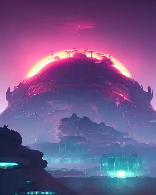 Image similar to alien temple, beautiful landscape, nier automata, protoss!!!!, machine planet, mothership in the sky, pink sun, tropical forest, colorful light, advanced technology, cinematic lighting, highly detailed, masterpiece, art by bastien grivet and darwin cellis and jan urschel