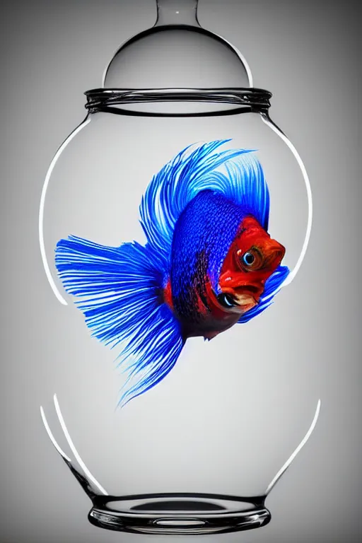 Prompt: a octane render of a siamese fighting fish inside a jar on the table, close - up studio photo, lighting path traced, highly detailed, high quality, hyper - realistic, max accurate,