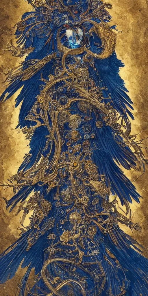 Image similar to a stunning interpretation of raven, highly detailed and intricate, golden ratio, blue colors, hypermaximalist, ornate, luxury, elite, horror, creepy, ominous, haunting, matte painting, cinematic, cgsociety, james jean, brian froud, ross tran