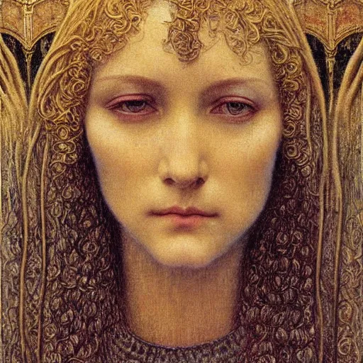 Image similar to detailed realistic beautiful young medieval queen face portrait by jean delville, art nouveau, symbolist, visionary, gothic