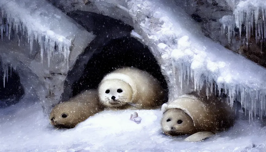 Image similar to highly detailed painting of cute furry white baby seals cuddled up inside snowy fantasy ice crystal cavern by william turner, by greg rutkowski, by william constable, thick brush strokes and visible paint layers, 4 k resolution