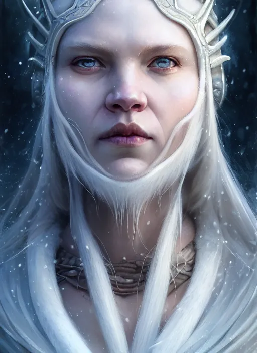 Image similar to closeup portrait shot of a female snow viking in a scenic dystopian environment, intricate, elegant, highly detailed, centered, digital painting, artstation, concept art, smooth, sharp focus, illustration, artgerm, tomasz alen kopera, peter mohrbacher, donato giancola, joseph christian leyendecker, wlop, boris vallejo