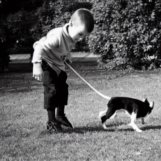 Image similar to a short young man named hunter playing with his black and white dog