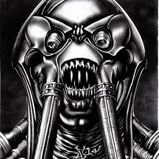 Prompt: doom!! ( 1 9 9 4 ) classic cyberdemon!!! horns chaingun, art by gustave dore, hr giger!